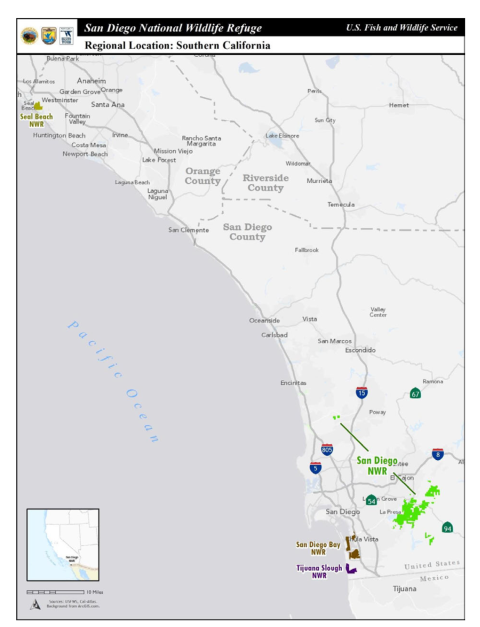 Map of the location of San Diego National Wildlife Refuge in Southern California.