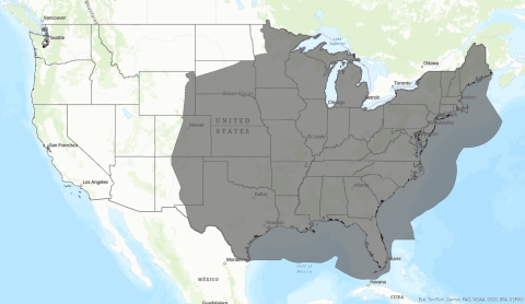 Map of the range of the tricolored bat or TCB that is assumed for wind projects. This includes 39 states including offshore areas for states that are along the coast.