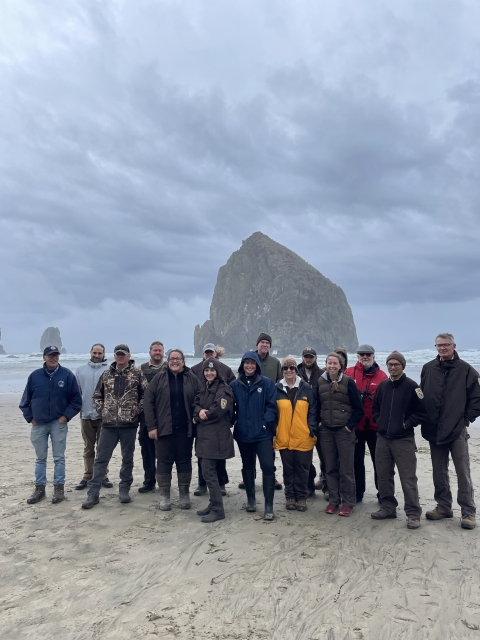 15 people standing on the beach in front of an offshore Haystack rock in Cannon Beach
