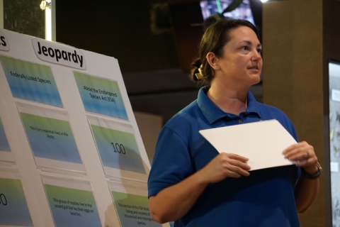 Fish and Wildlife Biologist Amy Trahan, of the Louisiana Ecological Services Field Office, runs the Endangered Species Jeopardy activity during the Endangered Species Day at the Lafayette Science Museum May 18, 2024. 