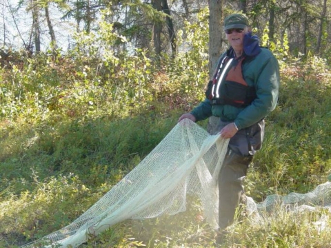 A man standing in a grassy area holding one end of a net with brush and trees in the background.