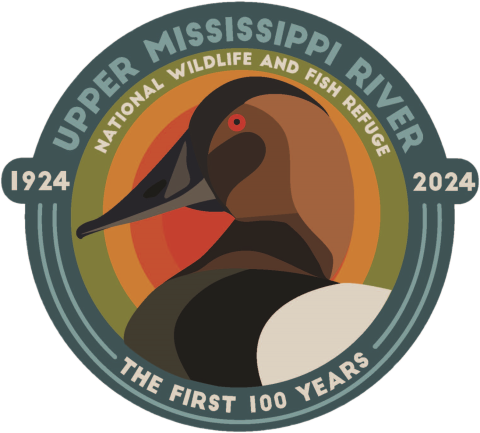 Logo with canvasback duck and text saying Upper Mississippi River national Wildlife and Fish Refuge The First 100 years