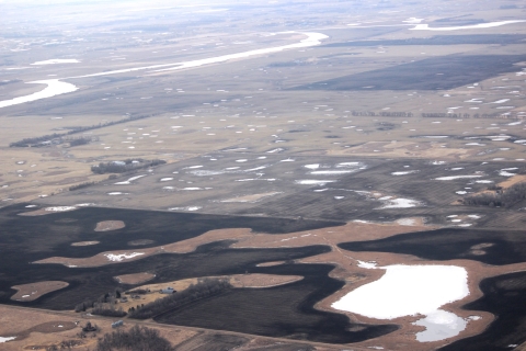An aerial view of prairie potholes in North Dakota.