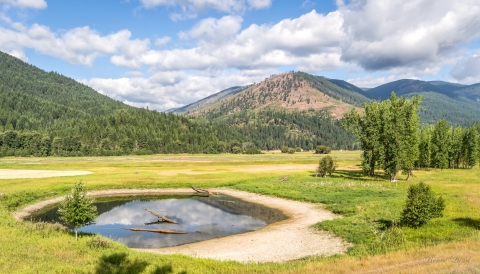 A small wetland sits beneath mountains in the distance