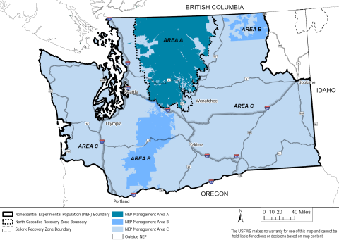 Map showing Washington state divided into three Management Areas, A, B, and C, in various shades of blue, with a section in the northeast corner white and excluded from the management areas