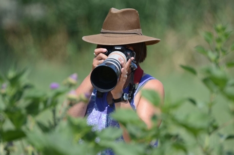 A woman facing us in a broad-brimmed hat aims a camera's long lens at something unseen in the greenery.