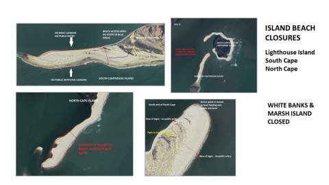 Maps of Beach area closures for nesting birds shown for Lighthouse, South and North Cape Islands.