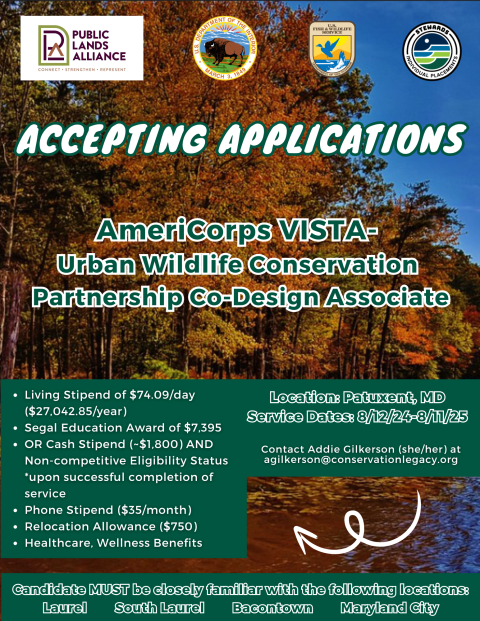 Stewards VISTA: Patuxent Urban Wildlife Conservation Partnership Co-Design Associate Flyer