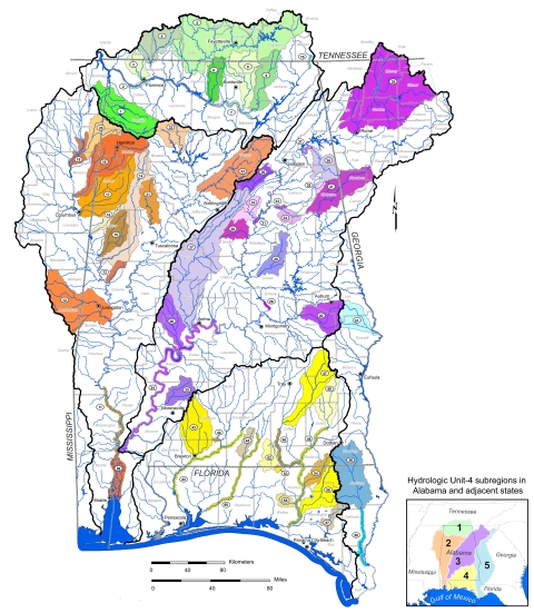 The 4 main watersheds in Alabama with highlighted sub watershed within each larger watershed.
