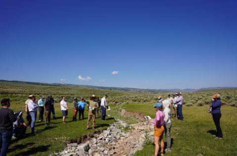 WRI Partners surround visible erosion across a dried-up wetland which is surrounded by Sagebrush. 