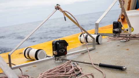 The BRUV camera system sits on the edge of the aft deck. It has a triangular metal frame. The video camera is housed in a black box in the center of the bottom bar. A rope is attached to the top of the triangle.