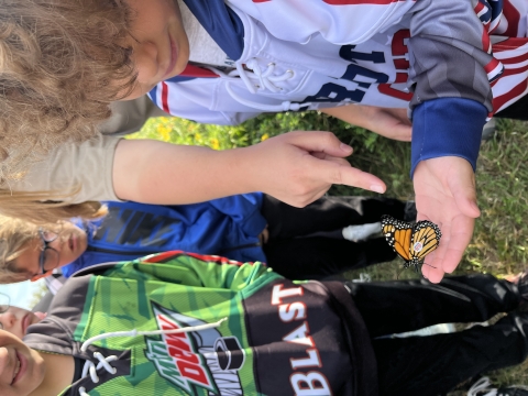 Student releasing a tagged monarch butterfly