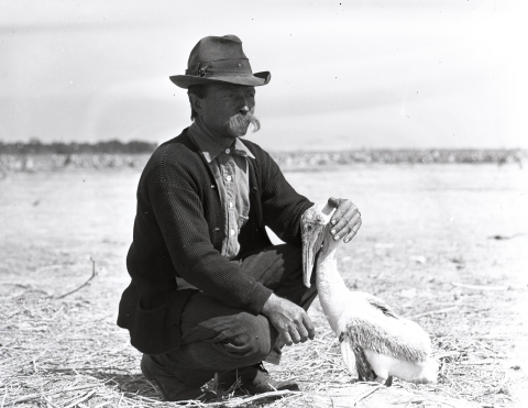 Paul Kroegel, kneeling, with his left hand on a Pelican standing in front of him.