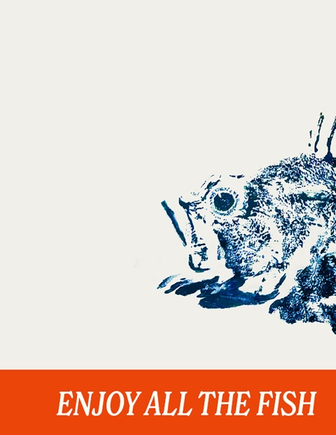 A print of a rockfish head on a back book cover. Text: Enjoy All The Fish