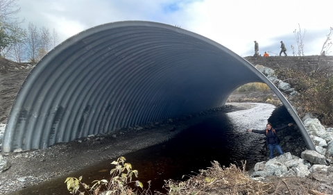 A huge culvert spanning a creek with a woman inside with outstretched arms and people walking on the road above