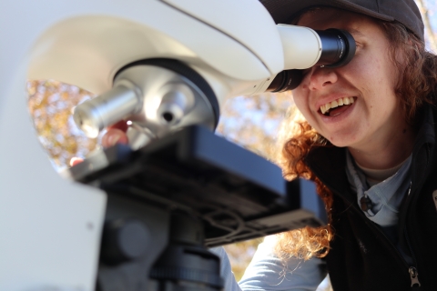 Person looking through a microscope