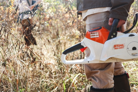 Two people standing in a field, one holding a chainsaw