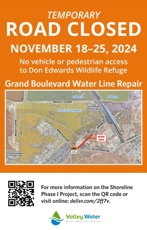 Flyer stating, Temporary Road Closed November 18-25, 2024 No Vehicle or pedestrian access to Don Edwards Wildlife Refuge. Grand Boulevard Water Line Repair. For more Information scan QR Code.