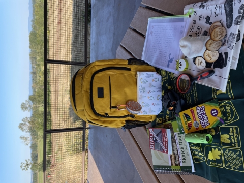Yellow backpack with several items such as a magnifying glass, colored pencils, monocular, wood cookies, sketch diary, and more