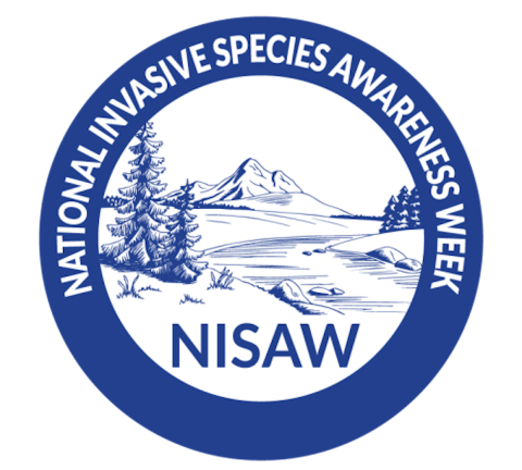 A logo containing a blue circle around a line drawing of trees, mountains and a river. Text includes National Invasive Species Awareness Week N I S A W