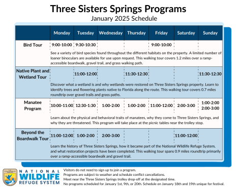 A table shows the January schedule for Three Sisters Springs Programs. There are four programs with various times and are as follows: Bird Tour: See a variety of bird species found throughout the different habitats on the property. A limited number of loaner binoculars are available for use upon request. This walking tour covers 1.2 miles over a ramp-accessible boardwalk, gravel trail, and grass walking path. Offered Mondays and Fridays 9am-10am and Tuesdays 9:30am-10:30am. Native Plant and Wetland Tour