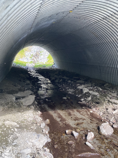 A large metal culvert with dirt and rocks on the ground. A stream runs through the middle of the culvert and up a grassy hill in the background.