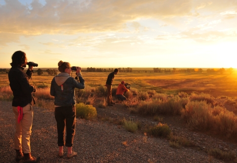 As the sun sets, two individuals look at the landscape with binoculars as two others look through a spotting scope