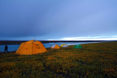 a man with bear protection walks by several tents along a river at dusk