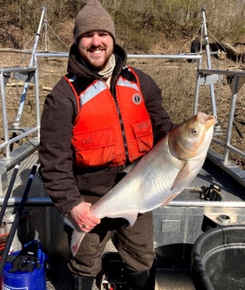 Image of FWS staff in life vest holding a silver carp on a boat.