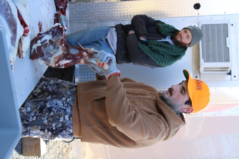 Mentor Matt (R) shows participants how to process harvested meat as Mentee Sam (L) watches on as part of the Field to Fork mentored rifle deer hunt at Cherry Valley National Wildlife Refuge in December 2024. 