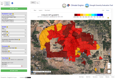 A screenshot of the Climate Engine software showing a red and orange color-coded map of the Navajo Nation