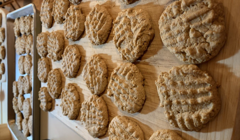 Cookies set out on a wooden board