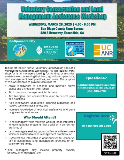 Flyer with information for landowner workshop in San Diego County