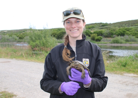 A woman outside holding a turtle