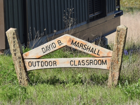 Wooden sign displaying name of the building "David B. Marshall Outdoor Classroom"