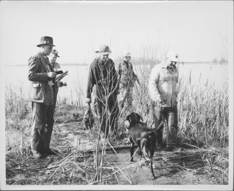 Six people on the shore of a body of water, visible behind them. The shore features a small dirt path through tall grass and vegetation. A dog, specifically a black laboratory retriever is in the foreground, with it's rear to the camera, and holding a duck in it's mouth. The dog is facing what appears to be it's owner, who has 1 or two ducks in one of his hands. Two men on the left are looking at the dog, and are holding note pads and pens/pencils. Man in the back is carrying a shotgun.