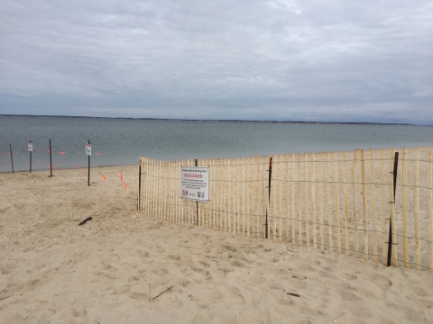 Fencing stretches across a public beach