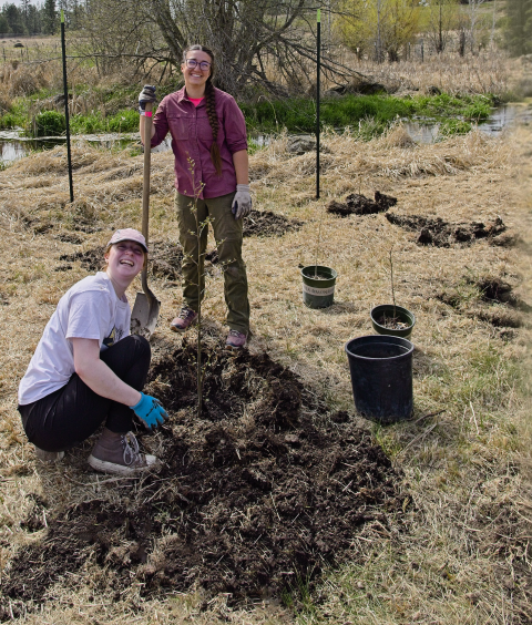 Two volunteers pause planting trees to smile for the camera
