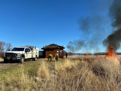A FWS truck and firefighters near a prescribed burn by USFS
