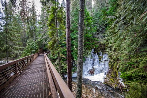 A frozen waterfalls is visible from a bridge spanning Myrtle Creek