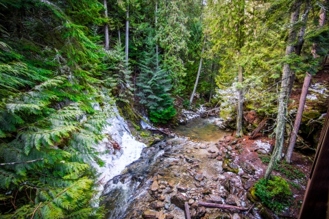 Myrtle Creek flows past a partially frozen waterfall