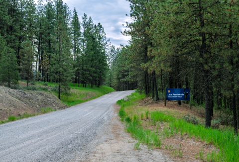 A gravel road leads path a blue welcome sign