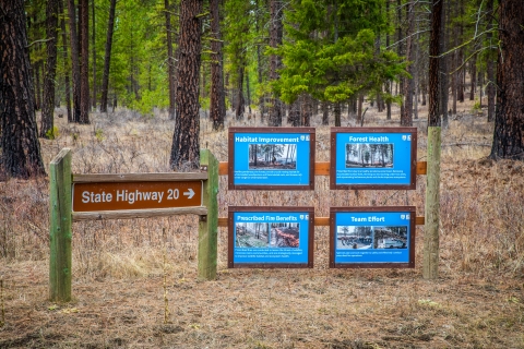 A group of 4 blue signs interprets prescribed fire activity on the refuge