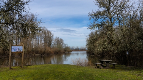 Wooden sign and picnic table in front of creek