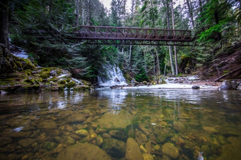 Myrtle Creek flows under a bridge