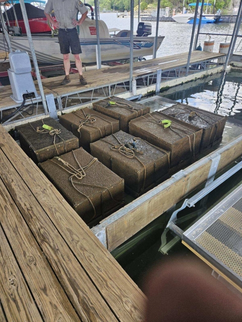 Cages atop one of the new Boat lifts for Norfork National Fish Hatchery Mussel Propagation.