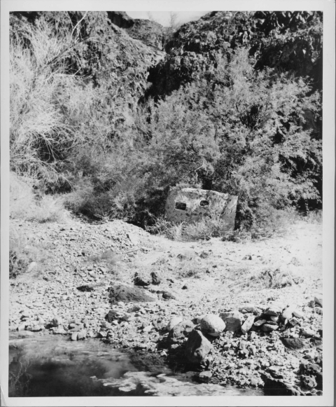 In the center is photography blind, made out of paper mache, and built to resemble a low rock wall; it is placed in front of tall desert vegetation (trees, shrubs, etc.). The terrain in front of the blind is rocky and uneven. In the foreground is a pool of water (a desert watering hole). Behind the blind and vegetation is a rock wall.