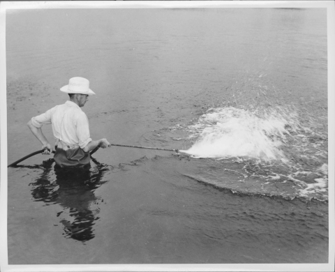 Man on left, standing nearly waist deep in a large pool of water; he's holding an apparatus that features a long metal shaft connected to a flexible hose; he is using said apparatus to spray a chemical into the water (right). The man is wearing a pair of wadding pants/trunks, as well as a broadbrimmed hat.