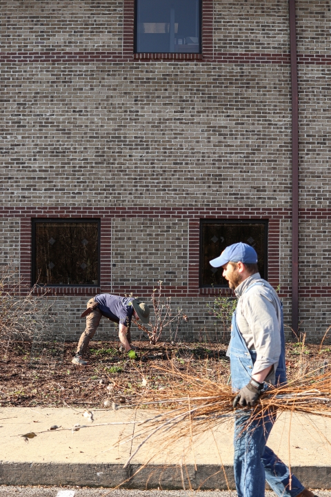 Two men, one tending a plant, the other carrying brush.
