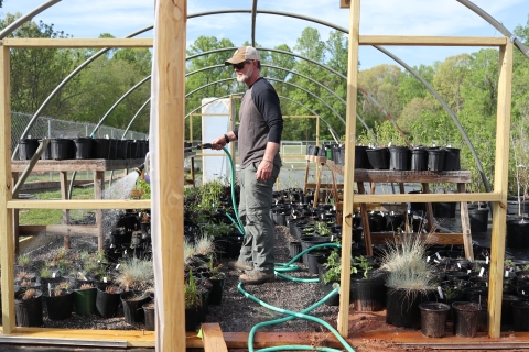 Man holding a hose, spraying water on potted plants